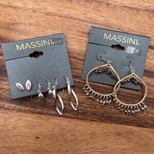 Massini 2 Sets Gold Silver Tone Studs & Drop Earrings 4 Pairs NEW!